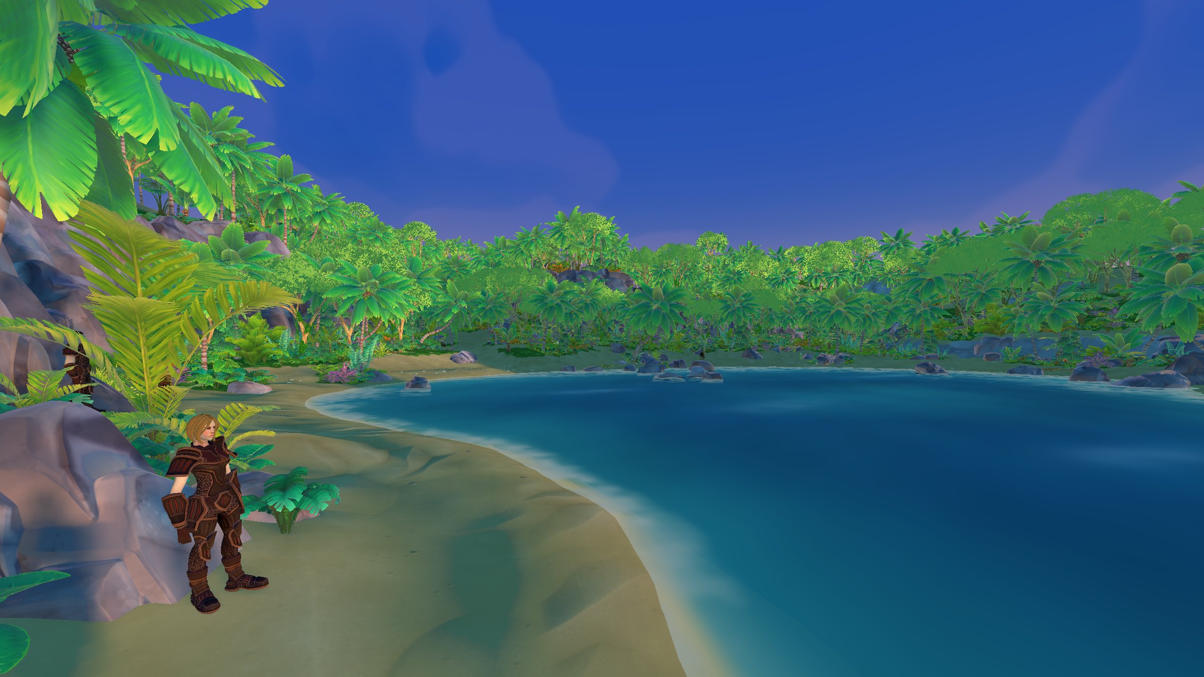 A character in dark armor on a curved sandy beach at dusk, palms and jungle around a turquoise lagoon under a deep blue sky.