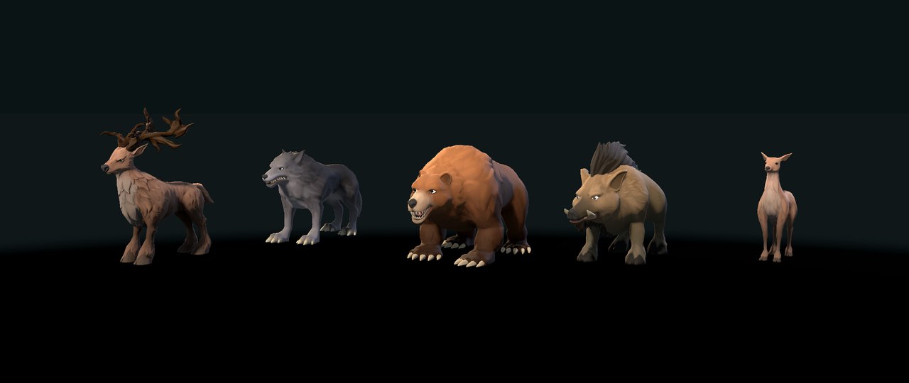 Five stylized animals on a dark stage: a stag with wide antlers, a grey wolf, a large brown bear, a bristle-backed boar and a slim deer.