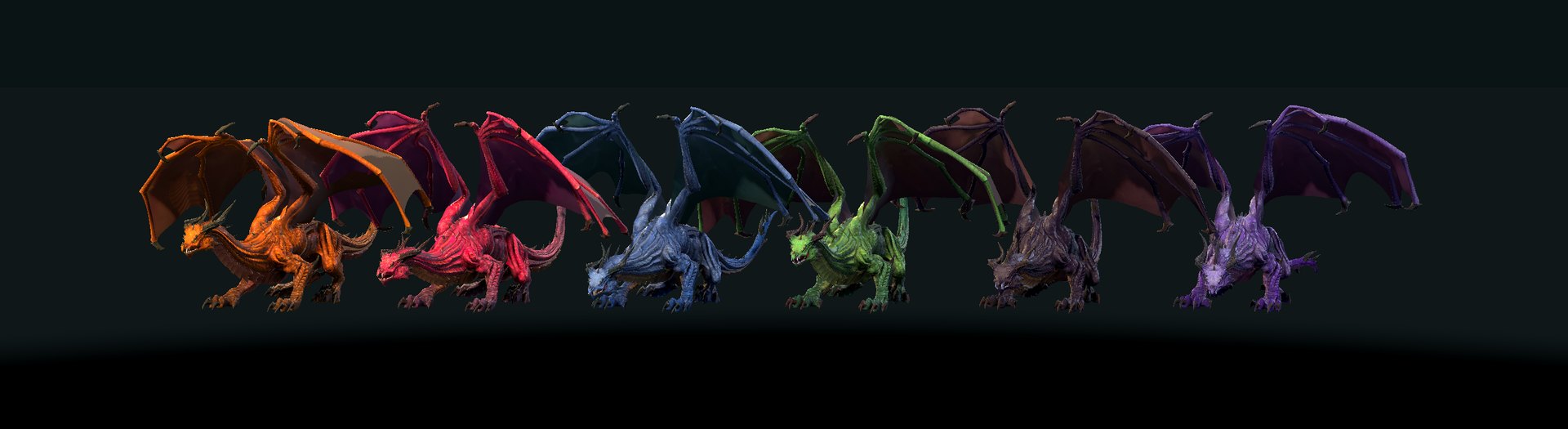 Six adult dragons on a dark stage in a row: gold, red, blue, green, black and pearl.