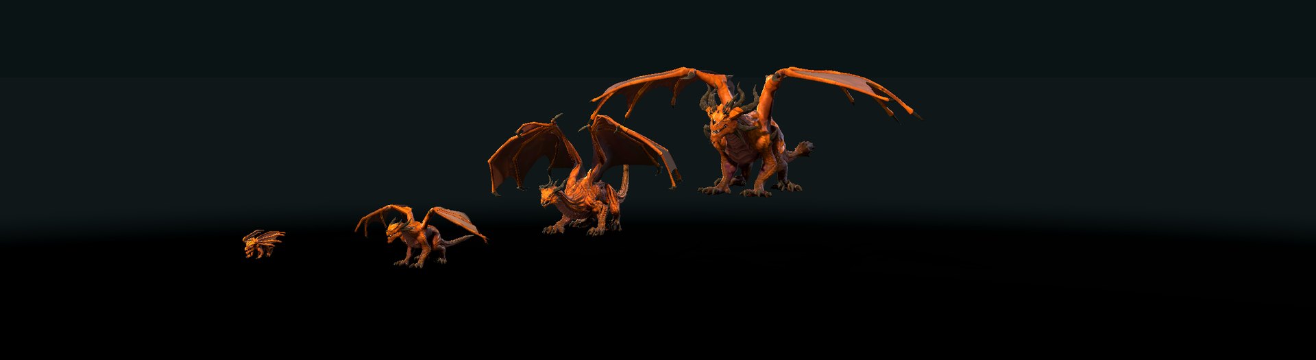 Four gold dragons on a dark stage in a row from smallest to largest: a whelp, a drake, a dragon and an elder dragon with its wings spread.