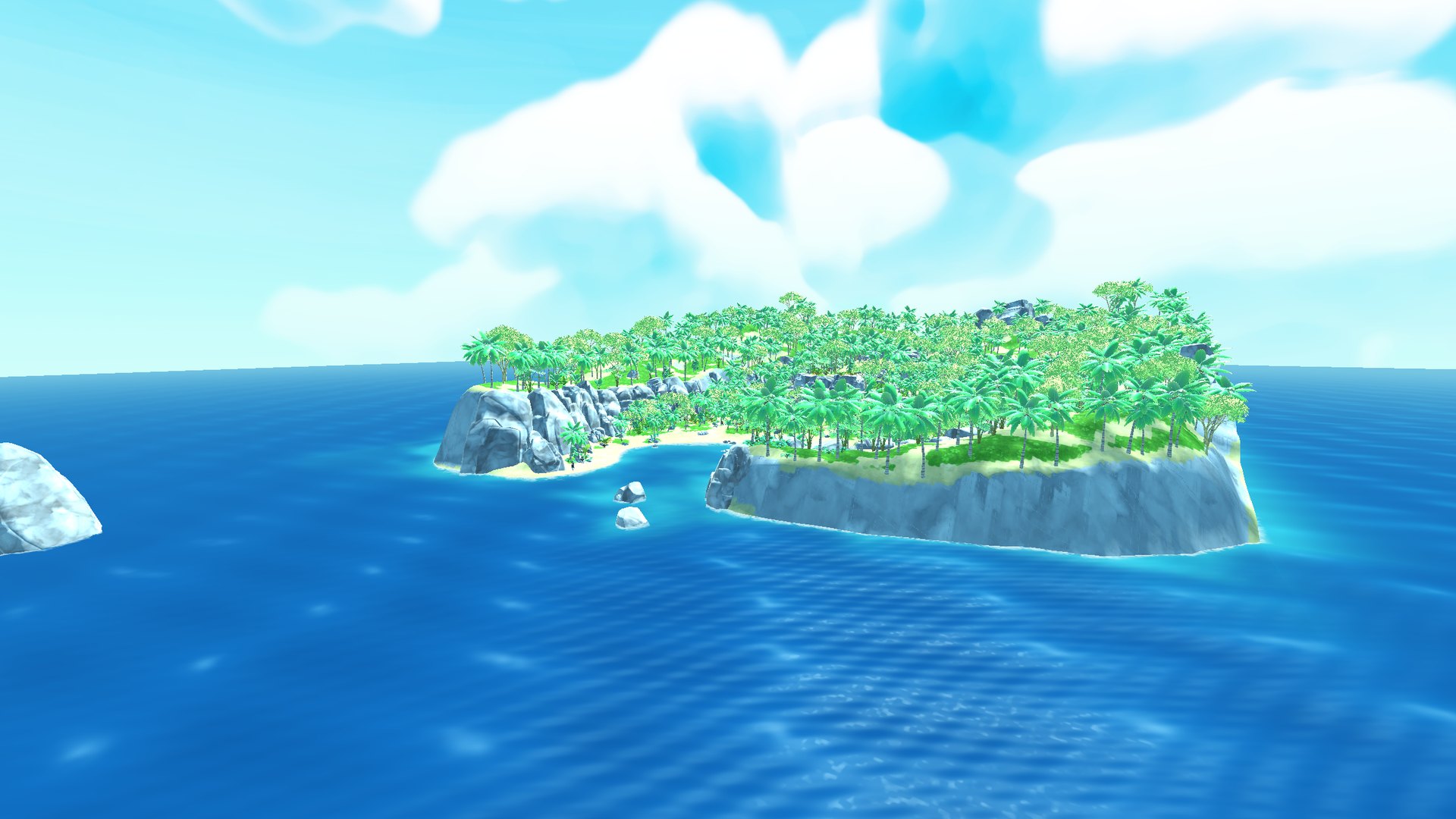 A small jungle island with white cliffs and a sandy bay seen from above the sea on a bright morning, a rocky islet in the foreground.