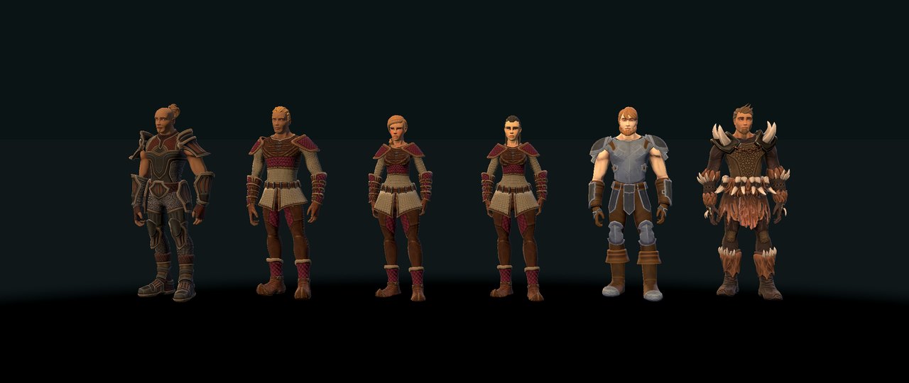 Six townspeople standing in a row on a dark stage, in leather, quilted and mail armor and one in a fur and bone outfit.