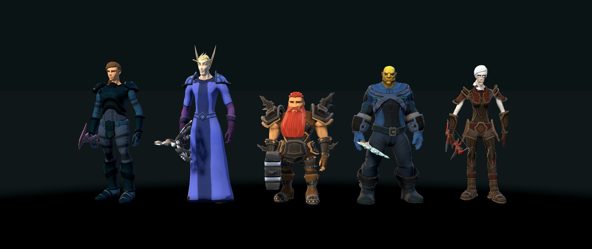 Five characters standing in a row on a dark stage: a human woman in dark plate armor holding a short blade, a tall pale elf in a blue robe with a staff, a red-bearded dwarf in heavy mail with a hammer, a green orc in leather with an axe, and a gaunt white-haired undead woman in brown brigandine holding a bow.