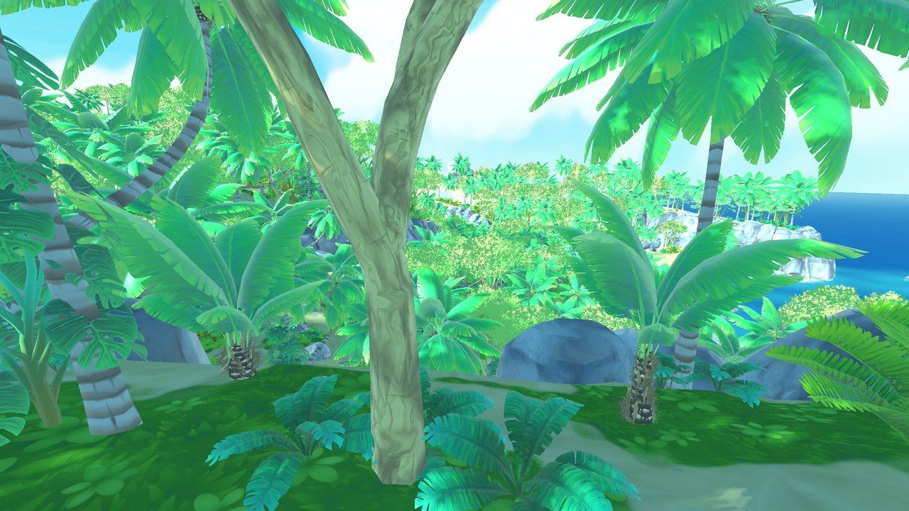 Palms and broad-leafed plants on a grassy rise above the sea, with pale boulders between the trunks.