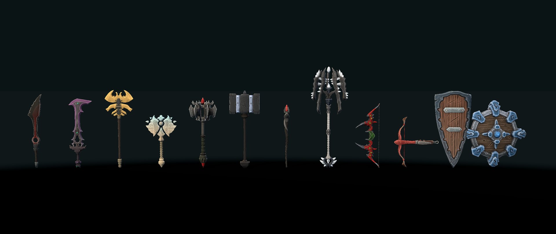 Twelve weapons standing upright in a row on a dark stage: a curved dark blade, a purple sword, a golden double axe, a pale ornate axe, a spiked mace, a heavy square hammer, a slim staff, a tall silver staff with a spiked head, a red bow, a red crossbow, a wooden kite shield and a round shield with blue crystals.